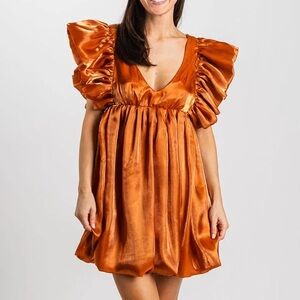 ruffle babydoll shimmer rust dress - lulus!